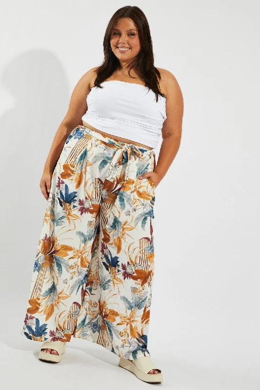 Multi Floral Wide Leg Pants Belted Casual Plaid Pants