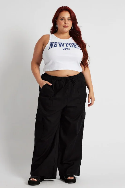 Black Relaxed Cargo Pant Elasticated Waist Trendy Wide-Legged Trousers