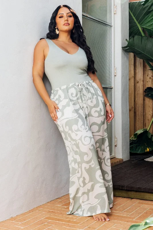 Green Abstract Drawstring Waist Linen Blend Wide Leg Pants Modern Skinny Pants