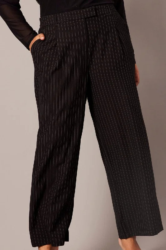 Black Stripe Wide Leg Pants High Rise Trendy Tapered Pants