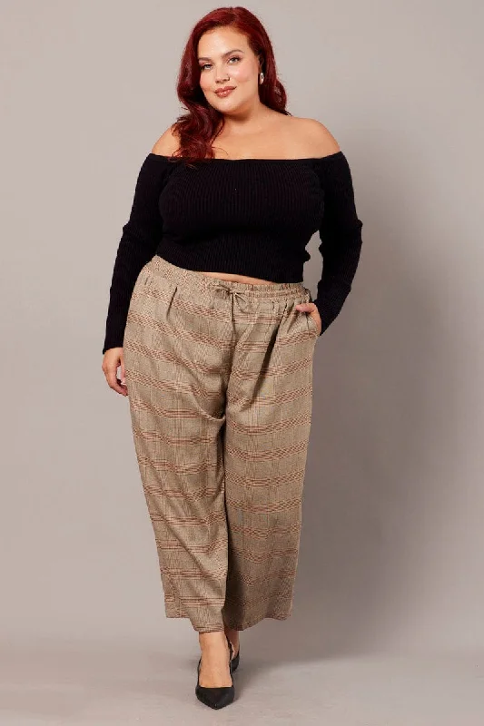 Beige Check Tapered Pants Elasticated Waist Cropped Comfortable Jogger Trousers
