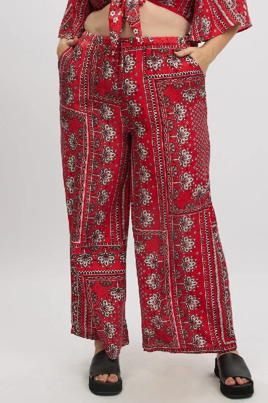 Red Boho Elastic Waist Wide Leg Pants Cozy Knit Pants
