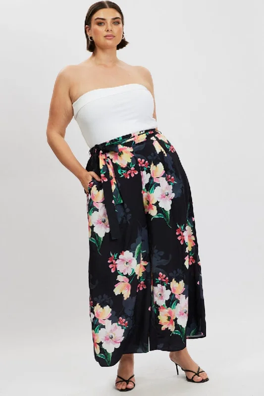 Black Floral Wide Leg Pleat Front Crepe Pants Stylish Slim Trousers