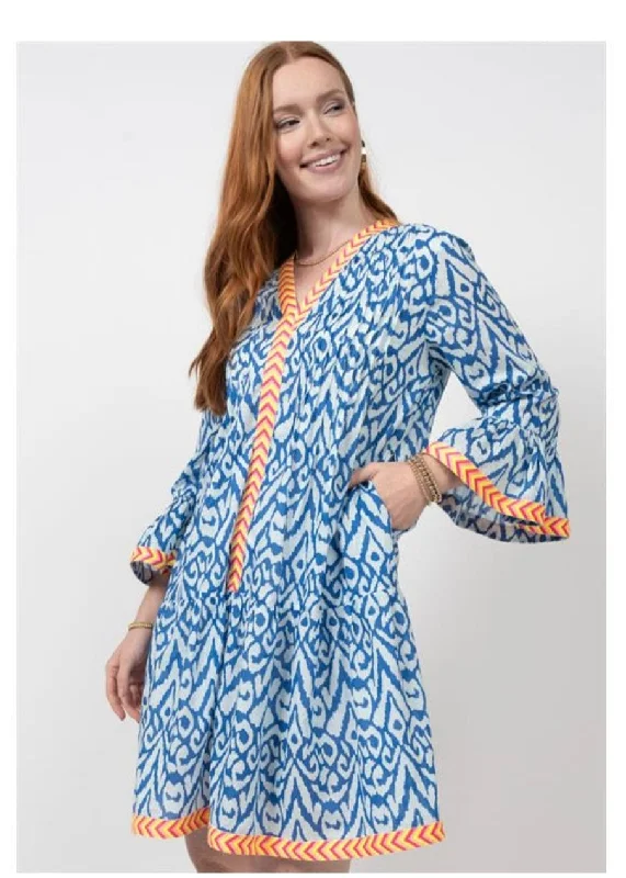 Blue Ikat with Neon Trim Dress