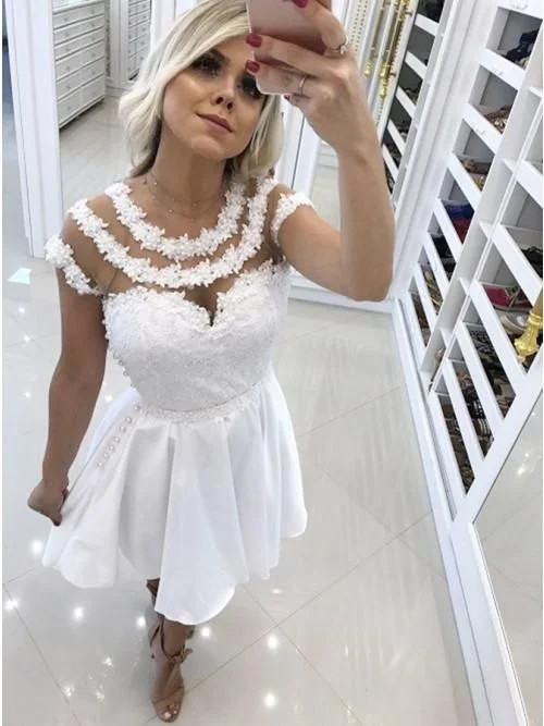 A-Line Round Neck Open Back White Homecoming Dress with Lace    cg22038