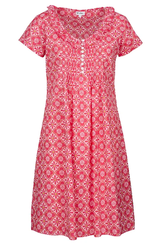 *PRE-ORDER - Coming Soon* Cotton Karen Short Sleeve Day Dress in Coral & White Flower
