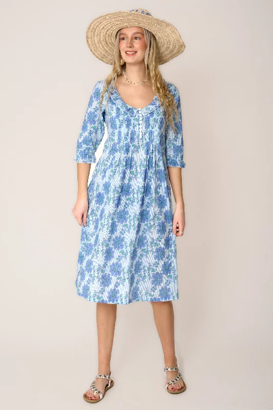 *PRE-ORDER - Coming Soon* Cotton Karen 3/4 Sleeve Day Dress in Blue Pinstripe
