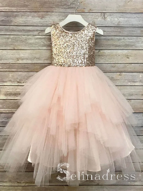 Sequin Top Flower Girl Glam Dress Blush Champagne Sequin Flower Girl Dresses GRS019