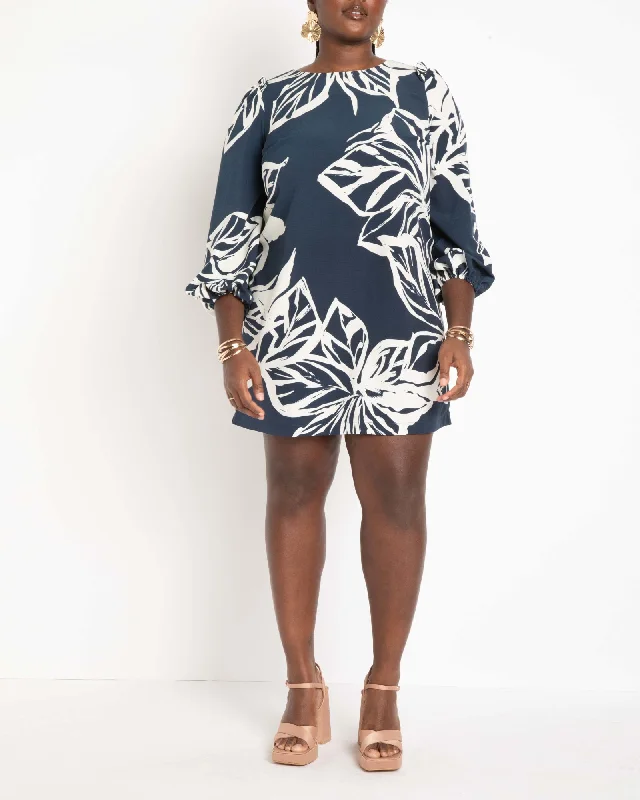 Puff Sleeve Easy Tee Dress | Chalk Art - Navy