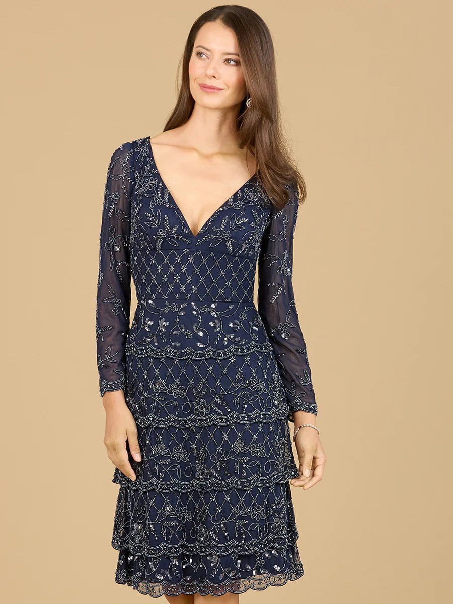 Lara 29223 Knee Length, Long Sleeve Cocktail Dress