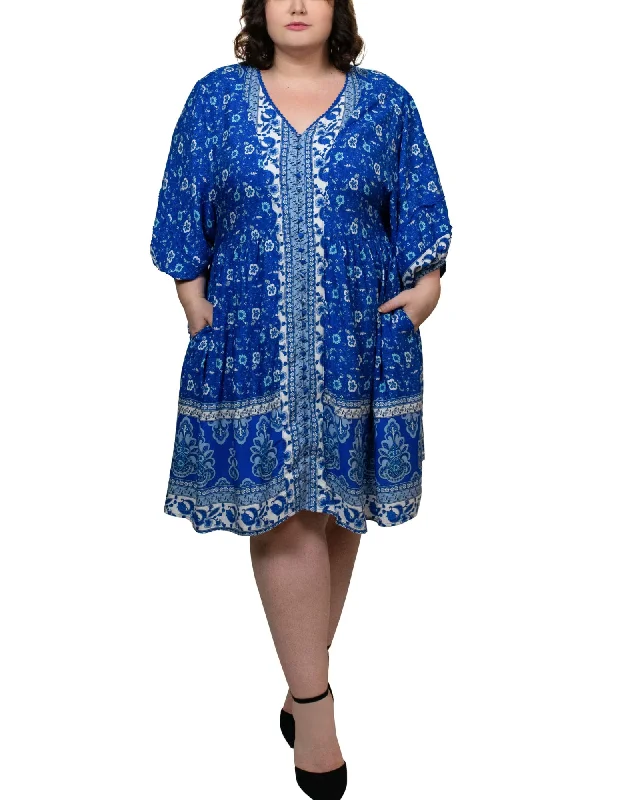 Ines Dress Fit Flared V-Neck Twin Print Blue | Blue