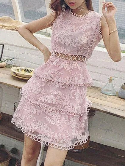Pink Cut Out Detail Sleeveless Layered Sheer Lace Homecoming Dress        cg22874