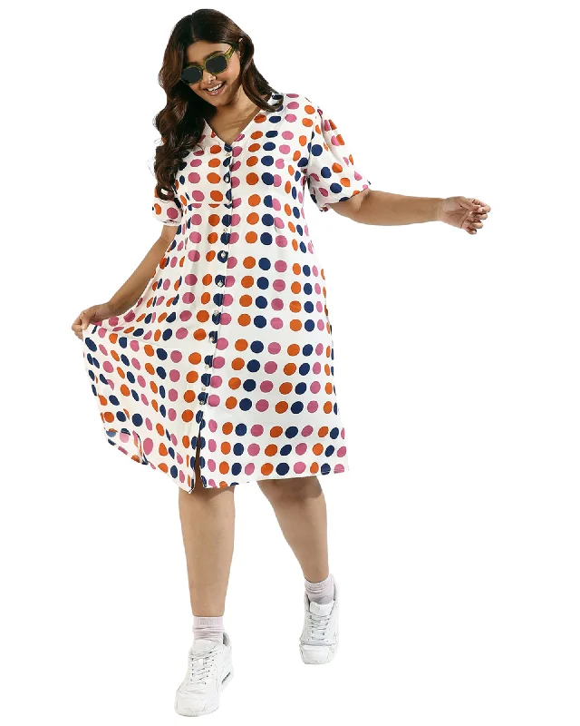 Women Polka Dot Button Down Dresses | White