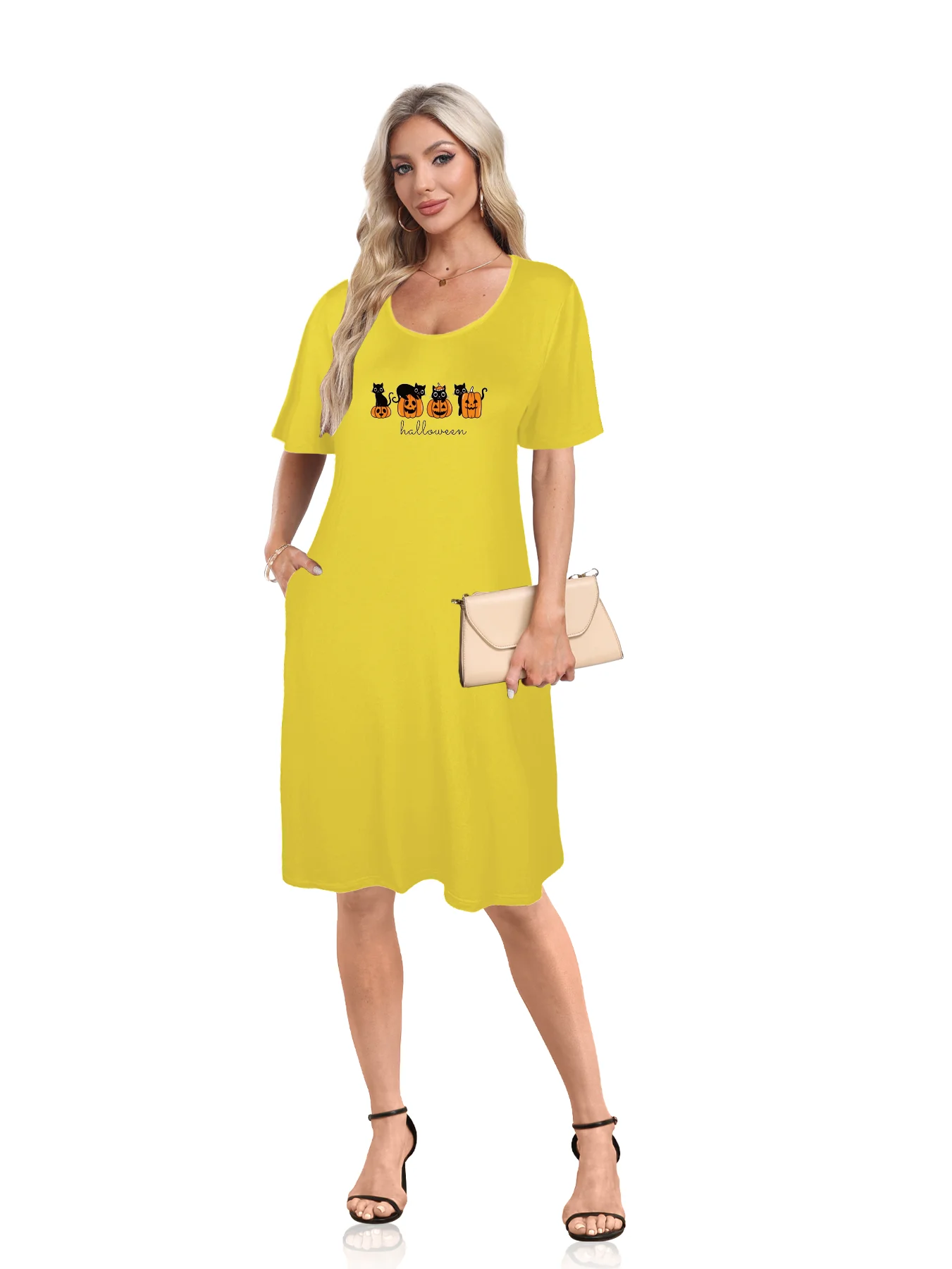 Halloween Black Cats And Pumpkins Print Dual Pockets Dress Casual Short Sleeve Tee Dress For Spring & Summer Women's Clothing Halloween Black Cats And Pumpkins Print Dual Pockets Dress Casual Short Sleeve Tee Dress For Spring & Summer Women's Clothing