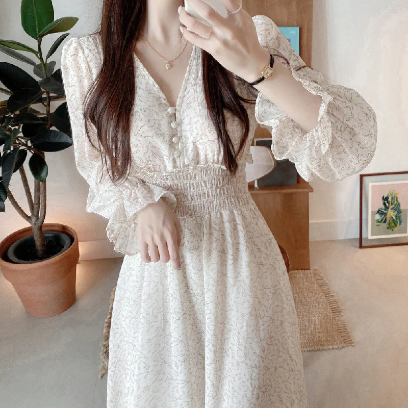 Julia Fashion - New Waist V-Neck Floral Summer Dress