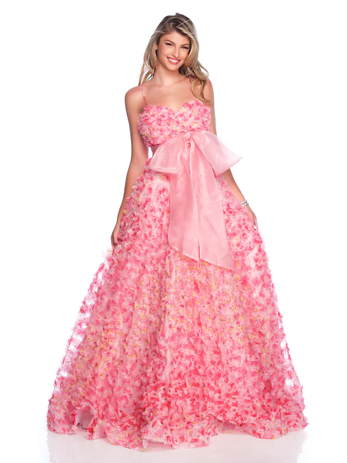 Dave & Johnny 12136 Pleated Ruffle Prom Dress Bow Floral Print A Line Ballgown Formal