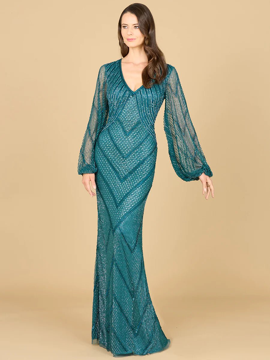 Lara 29228 Long Sleeve Beaded Dress With Sheer Sleeves