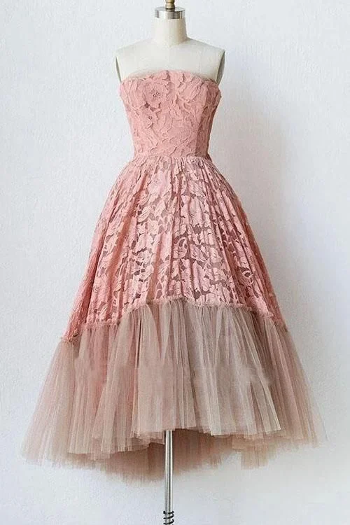 A Line Pink Lace Strapless Sleeveless Short Tulle Homecoming Dresses    cg22733