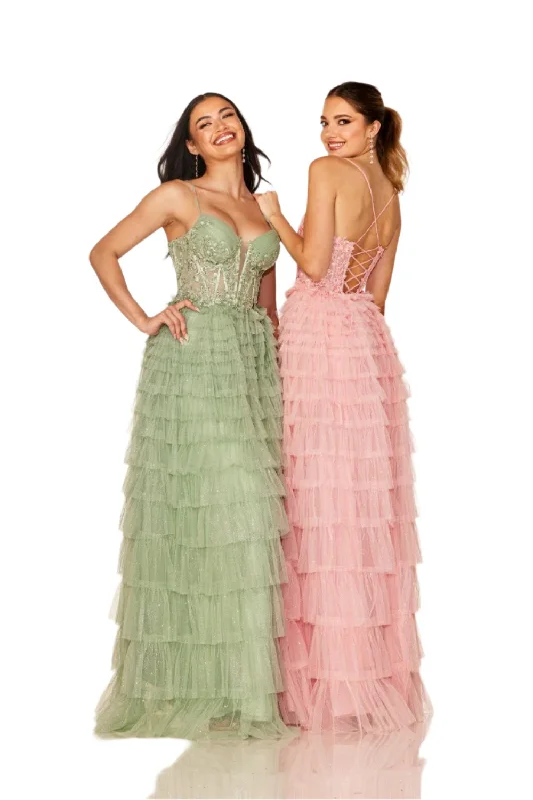 Cecilia Couture 2613 Sheer Lace Corset Prom Dress Layer Shimmer Skirt V Neck Formal Gown