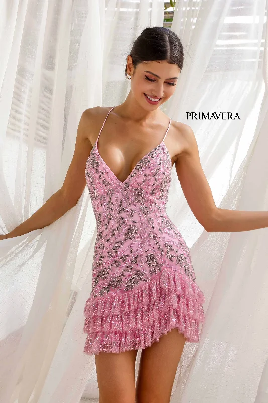 Primavera Couture 4242 Ruffle Trimmed Skirt Cocktail Dress V Neckline Corset Back Beaded Sequins
