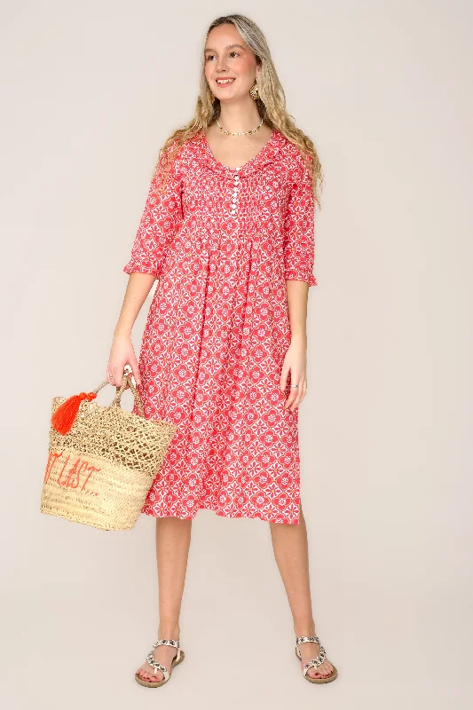 *PRE-ORDER - Coming Soon* Cotton Karen 3/4 Sleeve Day Dress in Coral & White Flower