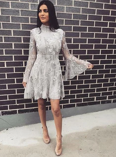 A-Line High Neck Short Grey Lace Homecoming Dress with Long Sleeves        cg22812