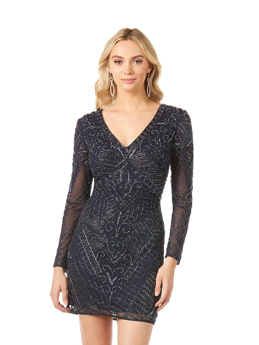 Lara 29344 Long Sleeve V-neck Beaded Cocktail Dress in Navy