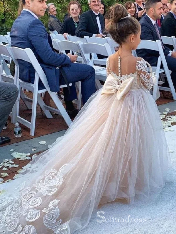 Ball Gown Long Sleeve Applique Tulle Cute Flower Girl Dresses With Bowknot GRS027