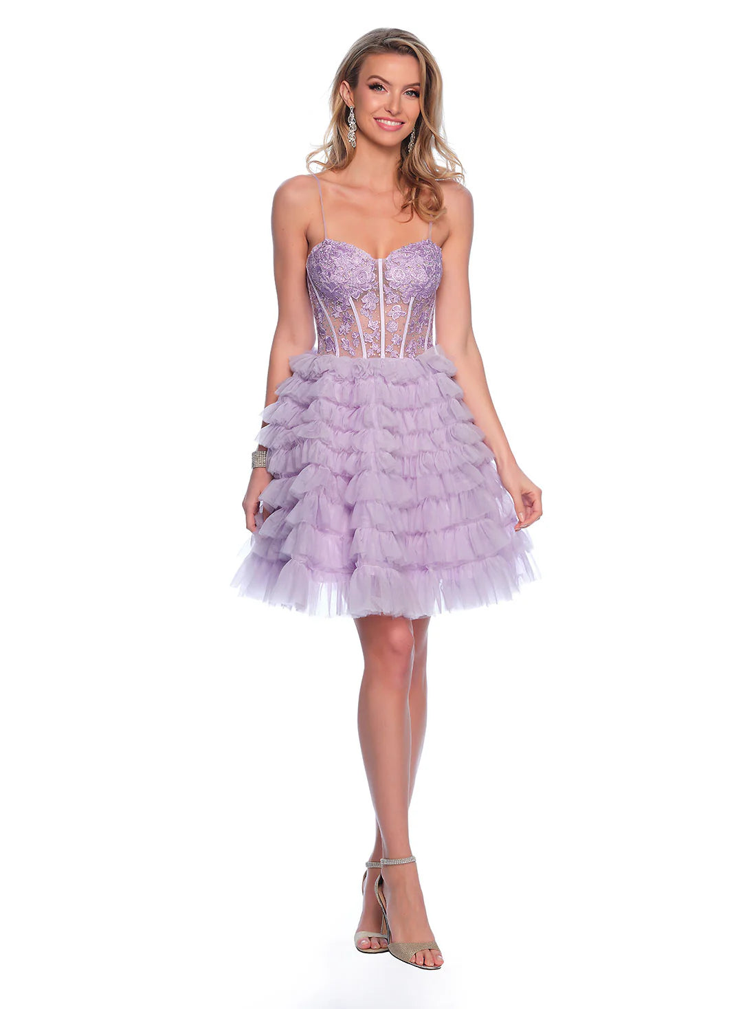 Dave & Johnny 11766 Layer Ruffle A Line Homecoming Dress Sheer Lace Corset Cocktail Gown