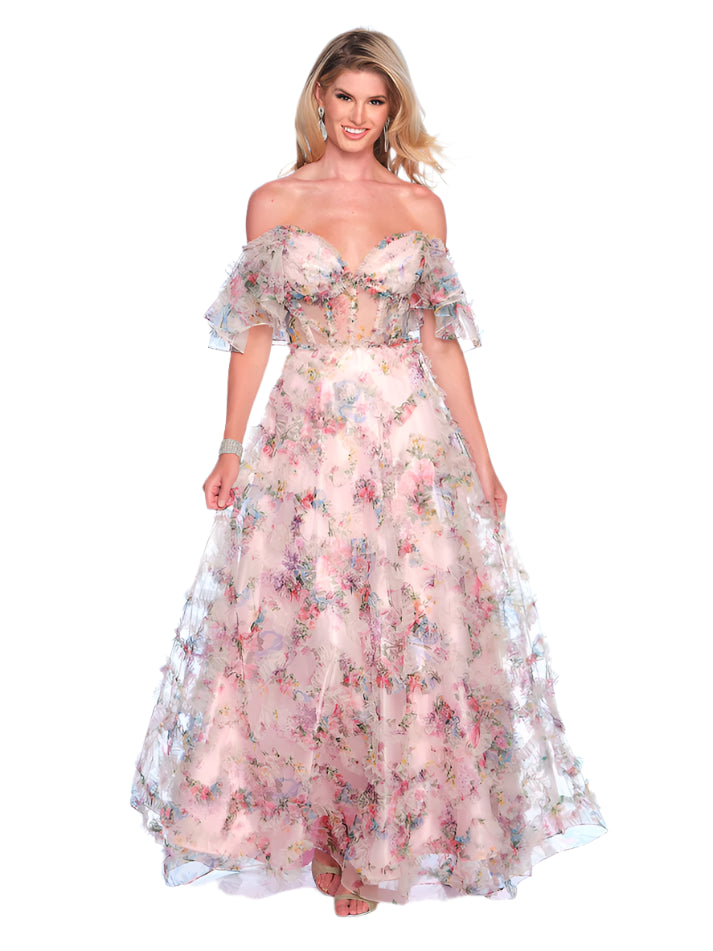Dave & Johnny 11784 Sheer Corset Pleated A Line Prom Dress Ruffle Sleeve Formal Gown