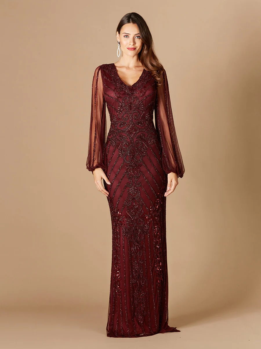 Lara 29369 Long Flutter Sleeves Beaded Dress