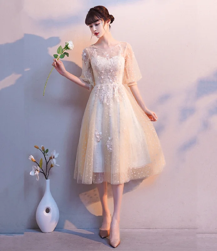 CHAMPAGNE TULLE LACE SHORT A LINE Homecoming Dress   cg22651