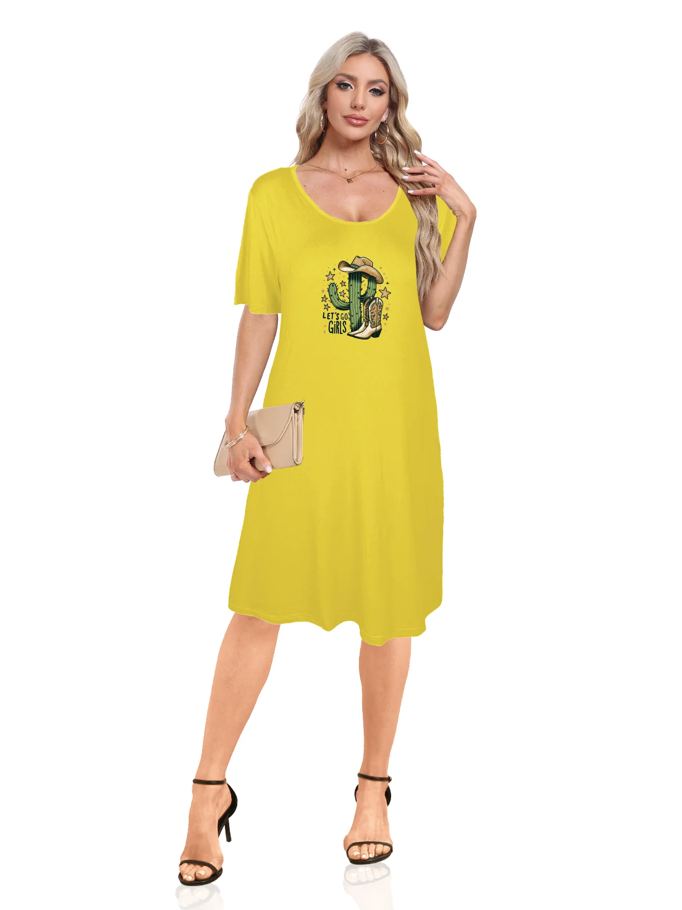 Playful Cactus Cowgirl Graphic Print Dual Pockets Dress Casual Short Sleeve Tee Dress For Spring & Summer Women's Clothing Playful Cactus Cowgirl Graphic Print Dual Pockets Dress Casual Short Sleeve Tee Dress For Spring & Summer Women's Clothing