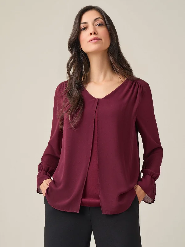Flounce Sleeve Blouse, Crepe De Chine Casual Relaxed Fit Blouse