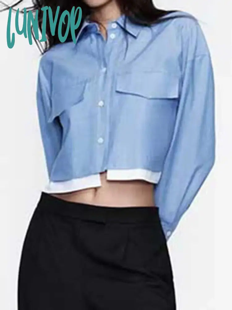 Lunivop Solid Color Cropped Shirts For Women 2024  New Street Casual Long Sleeve Lapel Collar Short Blouse Spring Simple Fashion Blouses High Neck Blouse