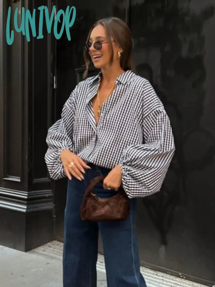 Lunivop Women's Casual Plaid Shirts 2024 New Spring Button Lapel Collar Lantern Sleeve Office Lady Blouses Vintage Fashion Blouse Femme Mandarin Collar Blouse