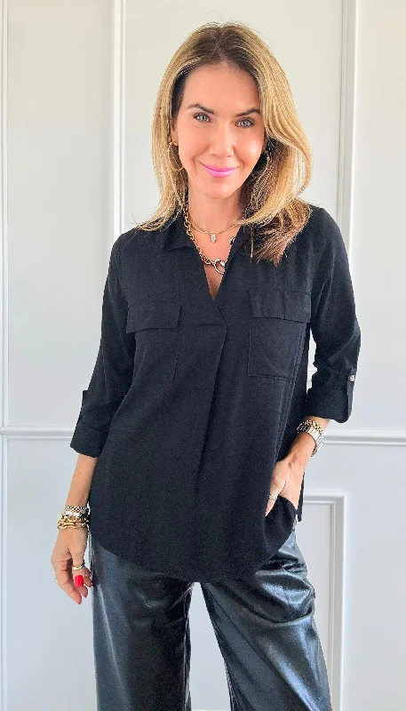 Midnight Charm Pocket Blouse Casual Button Blouse
