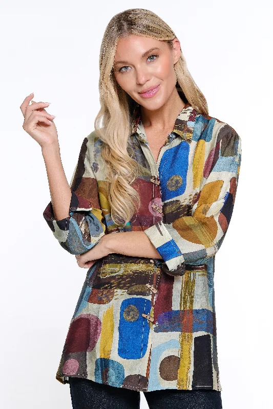 Printed Woven Button Front Blouse - Abstract Multi Sleeveless Chiffon Blouse