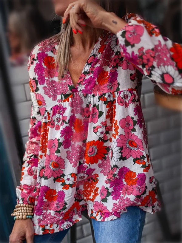 Printed V Neck Loose Blouses Drape Neck Blouse
