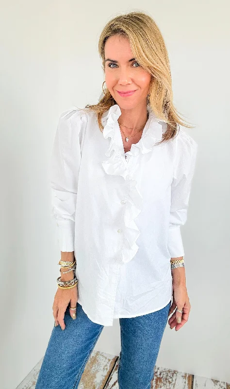 Pre Auth - Ruffled Collar Button-Down Blouse Elegant Silk Blouse