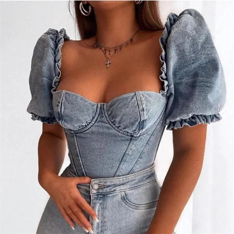 Square Neck Puff Sleeve Denim Blouse Feminine Satin Blouse