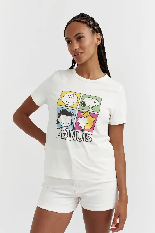 Cream Cotton Peanuts Gang T-shirt Beaded Sequined Faux Fur