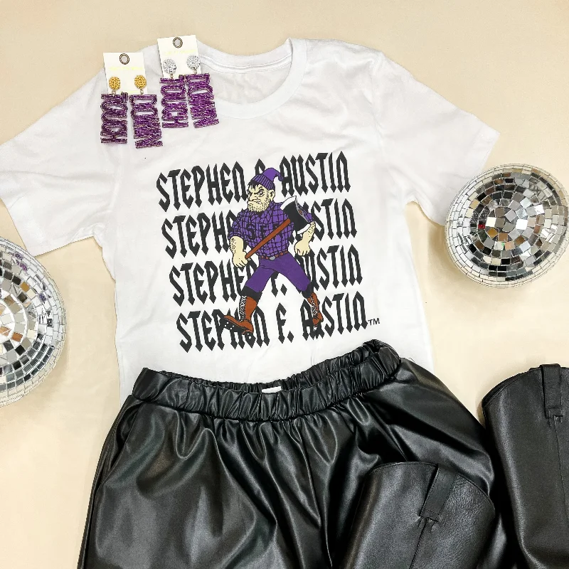 Lumberjack Game Day | Stephen F. Austin Short Sleeve Graphic Tee in White Collared Crew Neck Turtle Neck