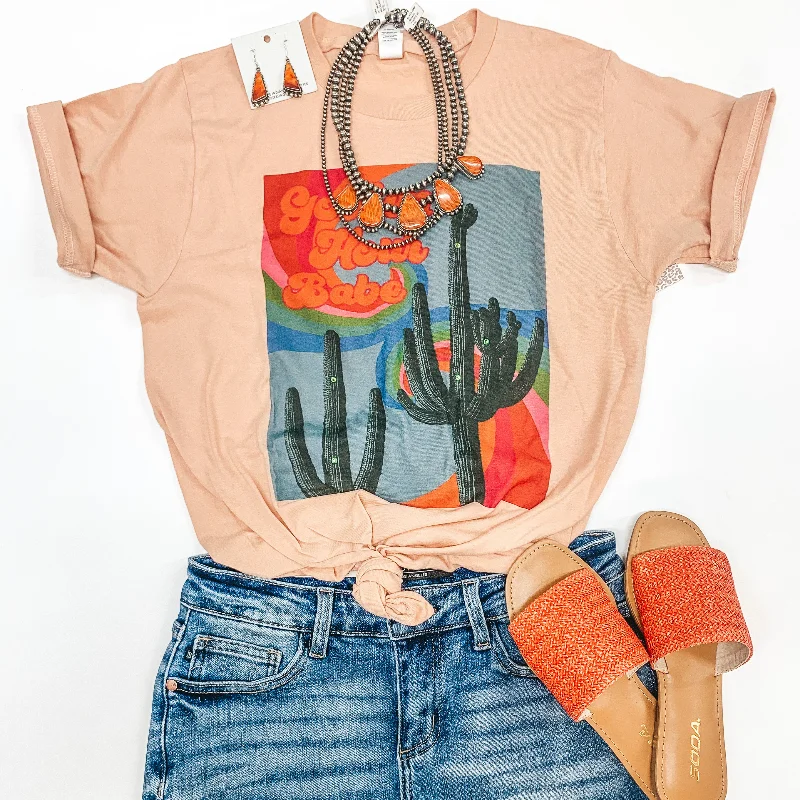 Golden Hour Babe Short Sleeve Saguaro Graphic Tee in Peach Pink Solid Color Striped Floral