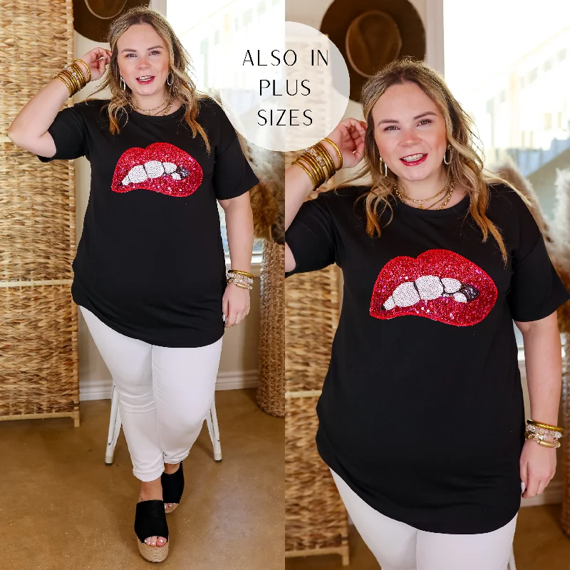 Rock All Night Sequin Mouth Graphic Tee in Black Rayon Fabric Velvet Fabric Corduroy Fabric