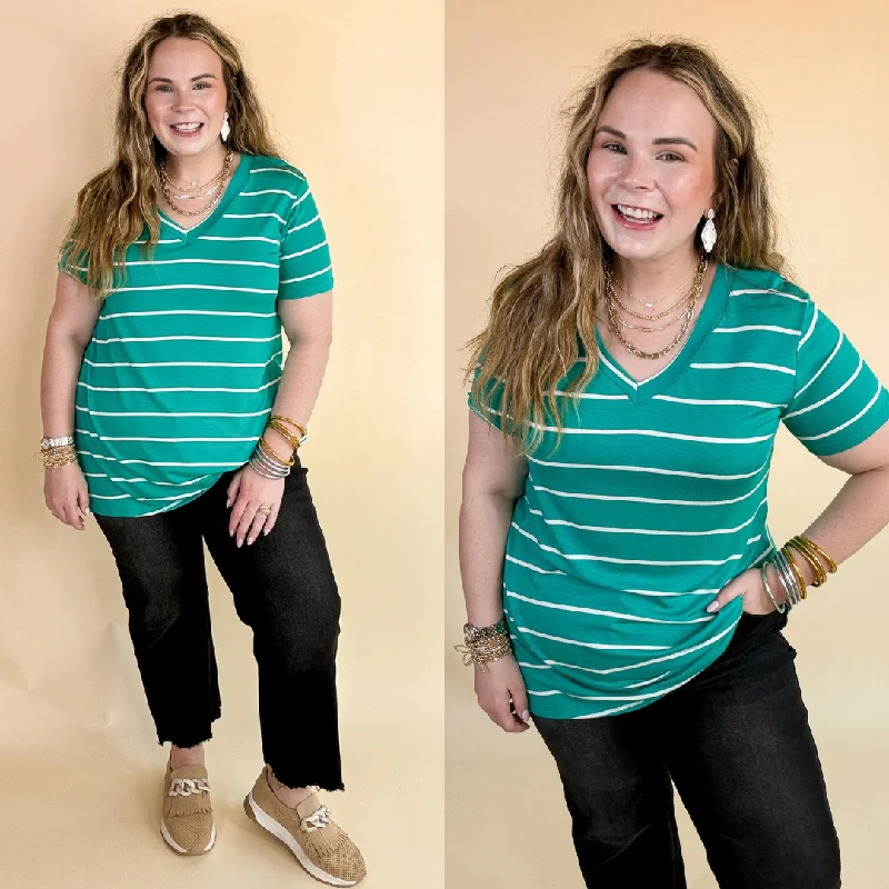Keep Things Casual Striped V Neck Tee in Teal Terry Blend Velvet Blend Canvas Blend