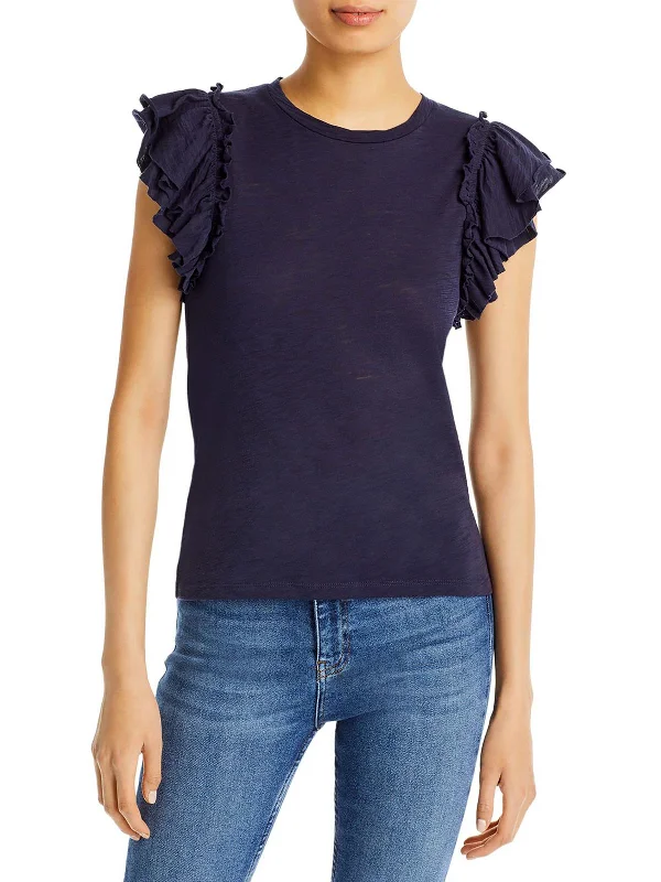 Womens Ruffled Solid T-Shirt Denim Fabric Leather Fabric Suede Fabric