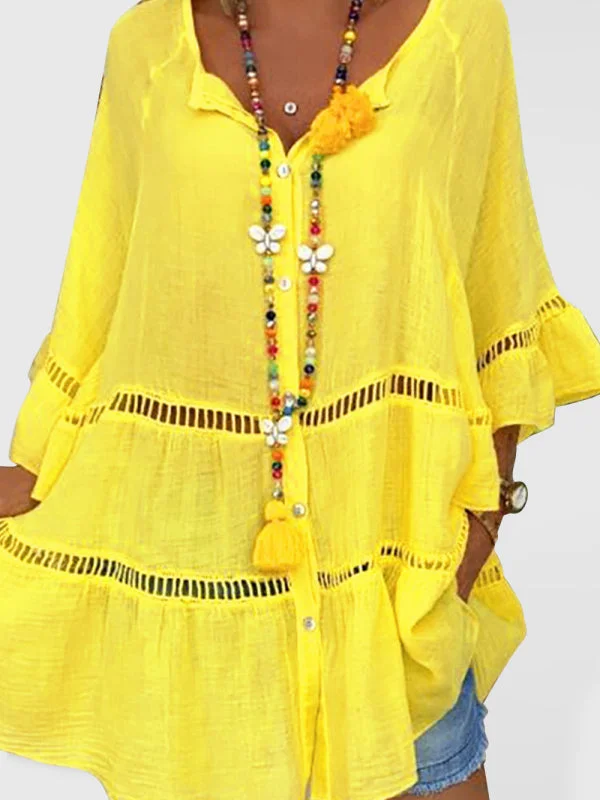 Blue Zone Planet |  3/4 Sleeve Cotton Linen V-Neck Loose Button Cutout Plus Size Top Dress