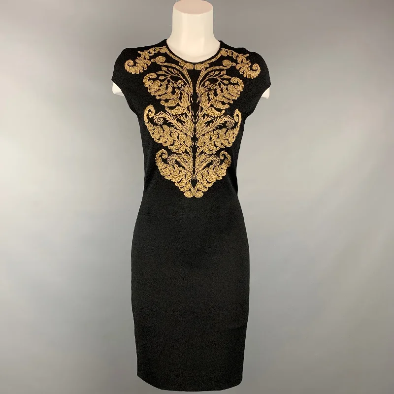 ALEXANDER MCQUEEN Size M Black & Beige Jersey Embroidered Cocktail Dress