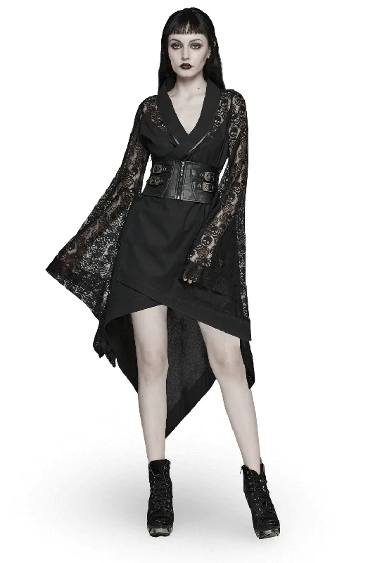 Black Skull Lace Kimono Dress with Belt And Irregular Hem